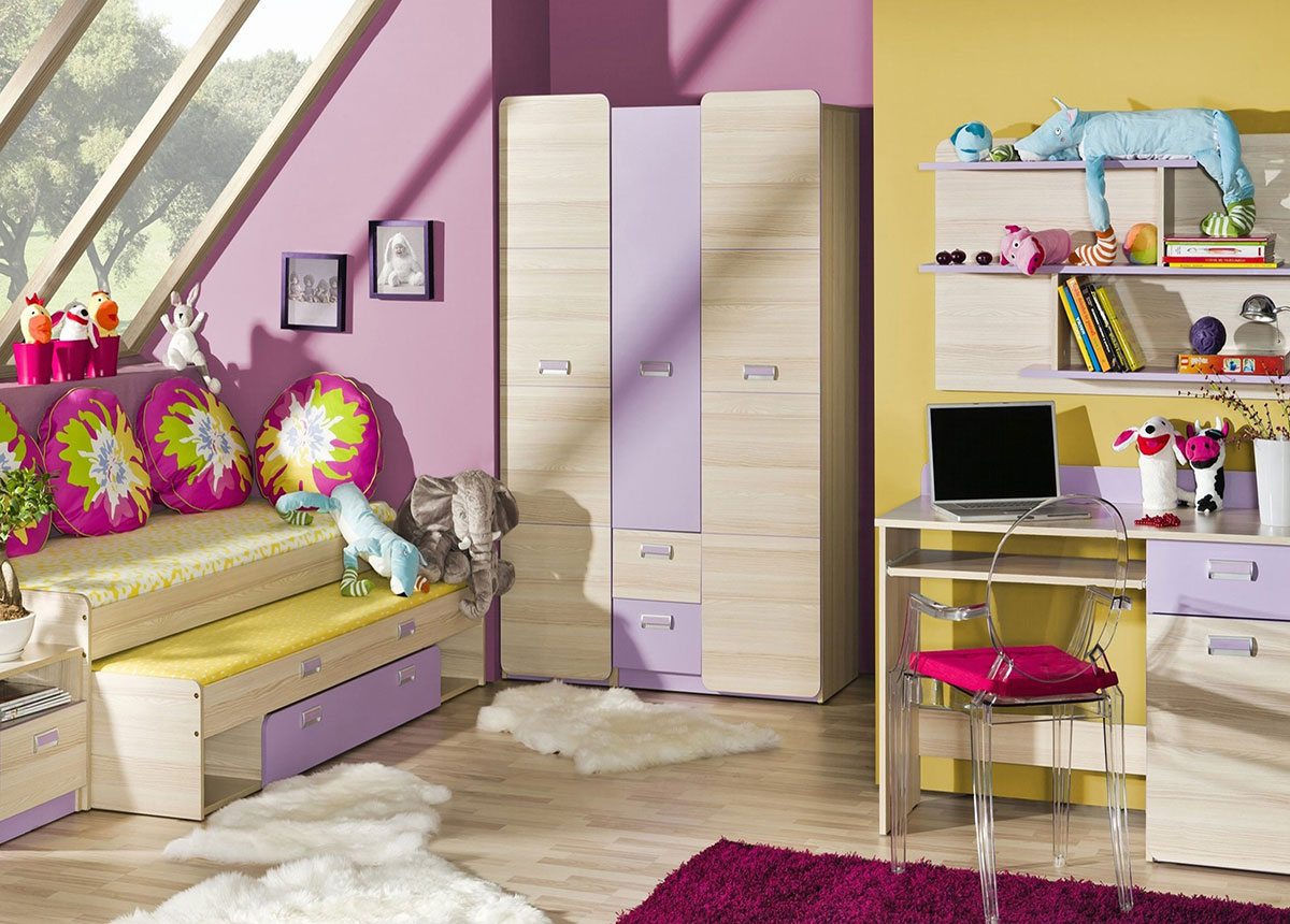 Vaiko kambario baldai | Vaikų, jaunuolio kambario komplektas LO20. Rašomasis stalas, spinta, lova, lentyna