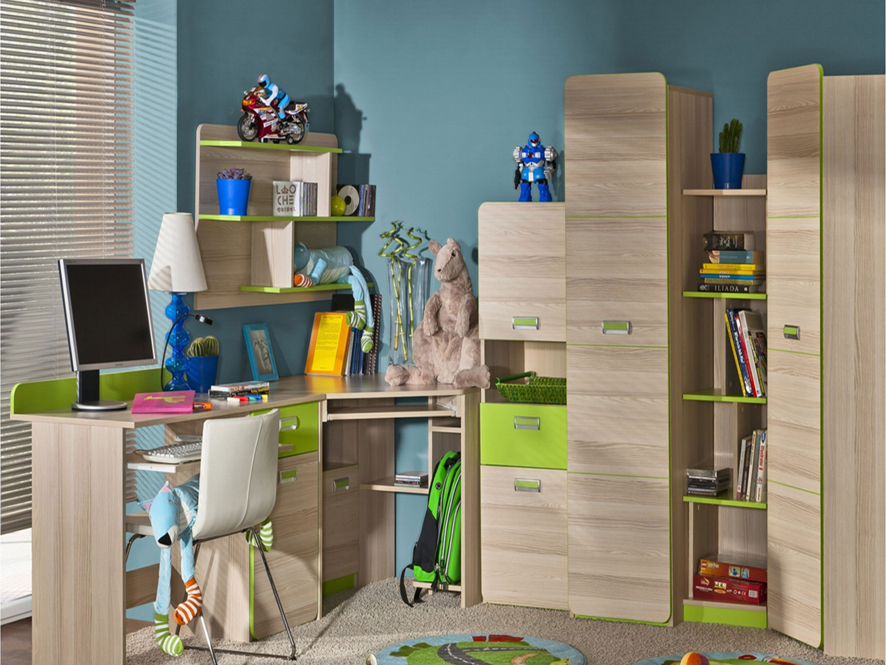 Vaiko kambario baldai | Vaikų, jaunuolio kambario komplektas LO21. Rašomasis stalas, lentyna, spinta, spintelė
