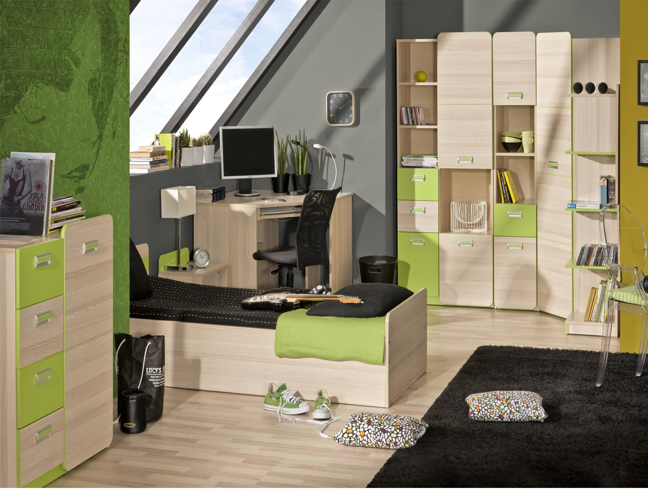 Vaiko kambario baldai | Vaikų, jaunuolio kambario baldų komplektas LO22. Rašomasis stalas, komoda, lova, spinta, lentyna