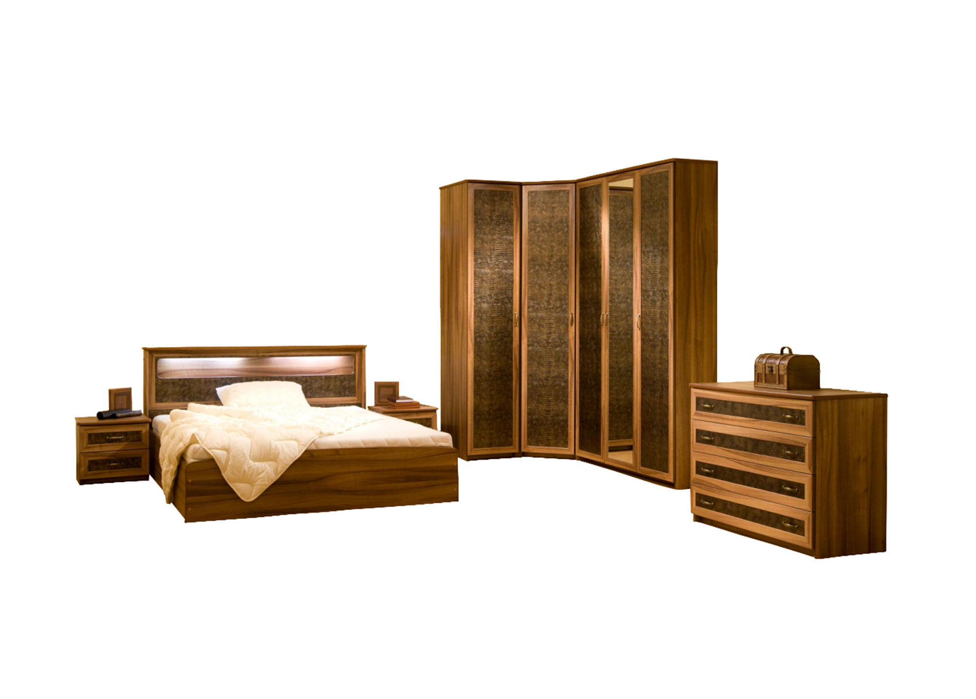Miegamojo baldai | GBF Miegamojo baldų komplektas: spinta, kampinė spinta, komoda, miegamojo lova APOLO