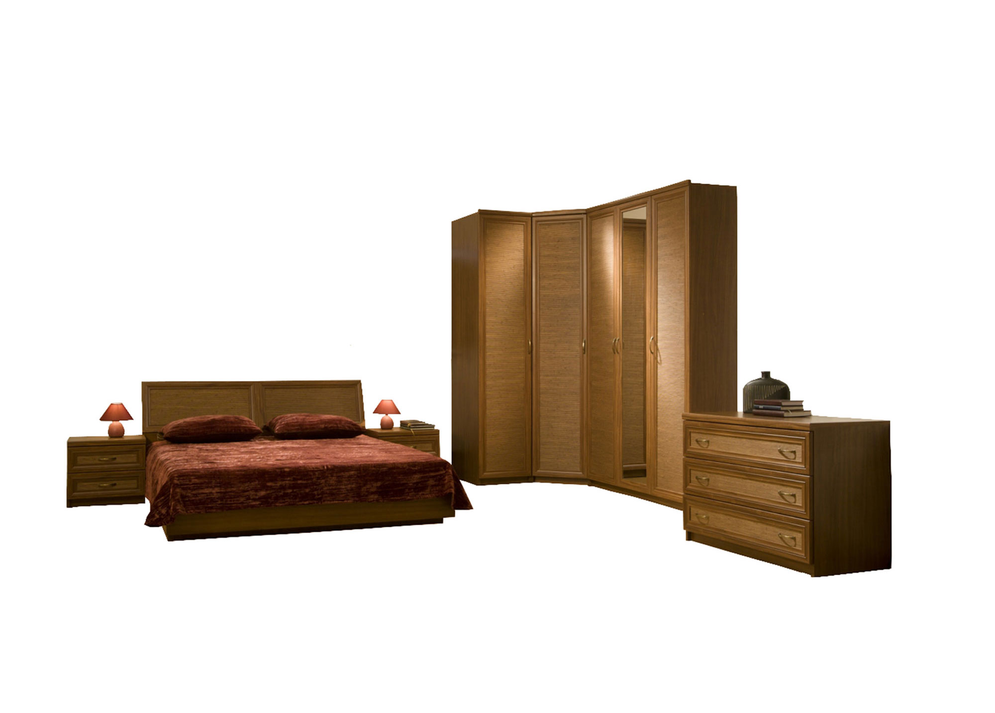 Miegamojo baldai | GBF Miegamojo baldų komplektas: spinta, kampinė spinta, komoda, miegamojo lova, spintelė prie lovos HAVANA