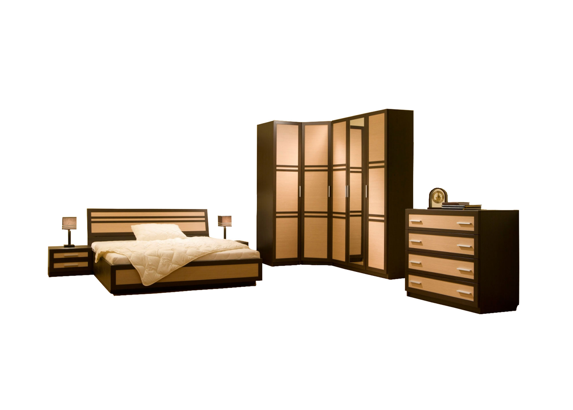 Miegamojo baldai | GBF Miegamojo baldų komplektas: spinta, kampinė spinta, komoda, miegamojo lova, naktinė spintelė LEGNO