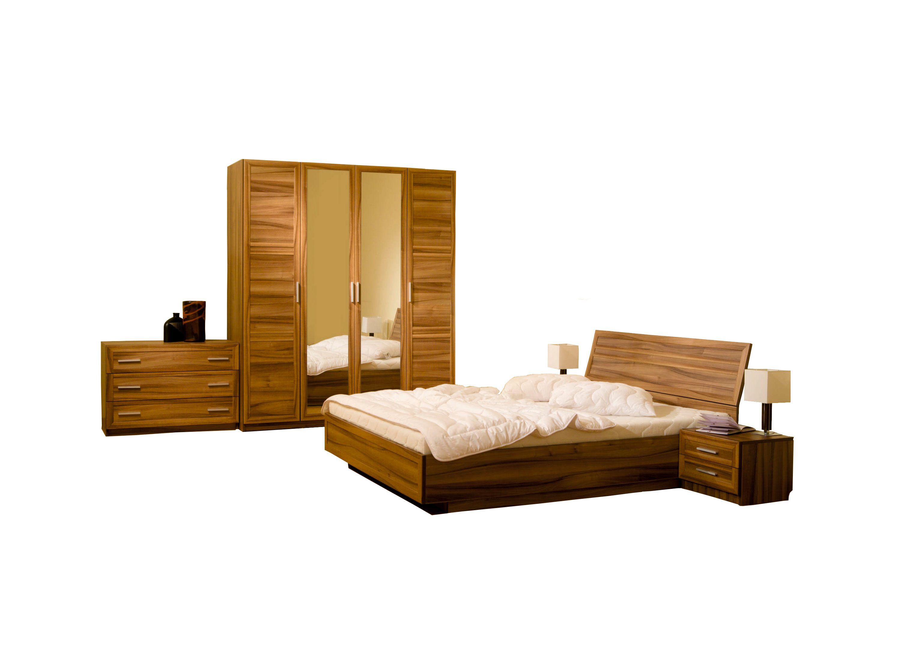 Miegamojo baldai | GBF Miegamojo baldų komplektas: spinta, spintelė, komoda su stalčiais, miegamojo lova LEGNO