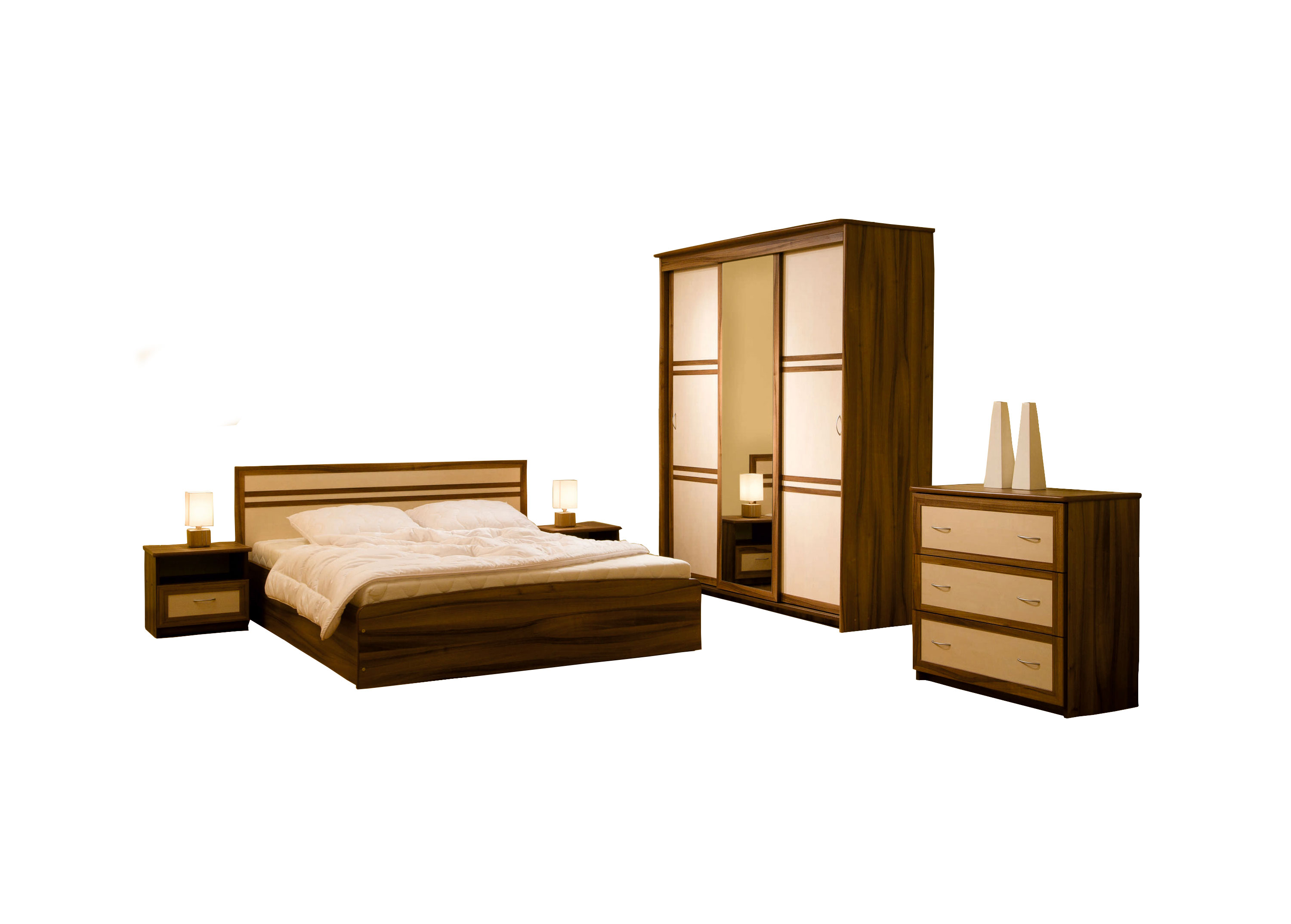 Miegamojo baldai | GBF Miegamojo baldų kolekcija: komoda su stalčiais, spinta, spintelė, miegamojo lova VEGAS