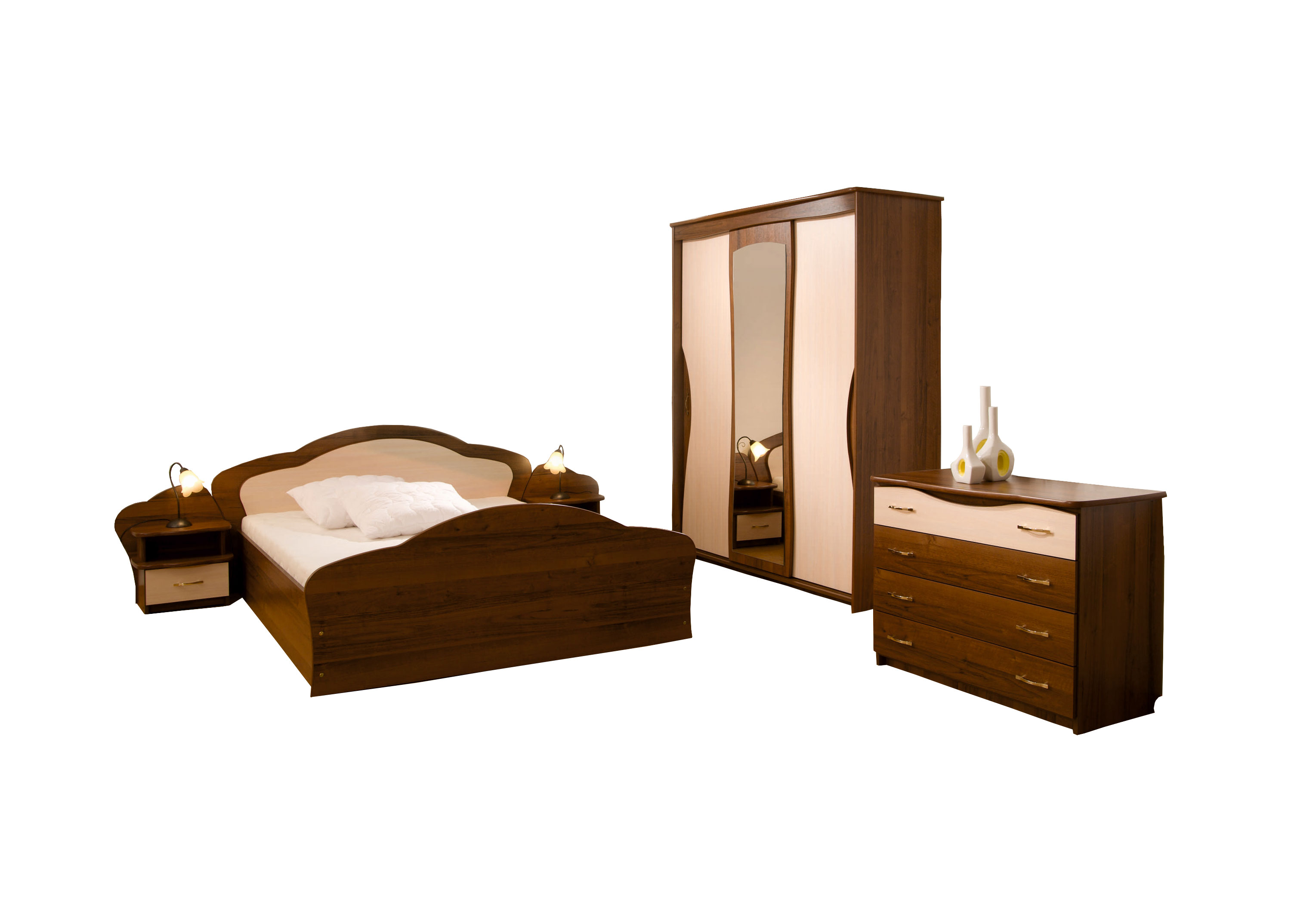 Miegamojo baldai | GBF Miegamojo baldų kolekcija: komoda su stalčiais, spinta, naktinė spintelė, miegamojo lova LELIJA