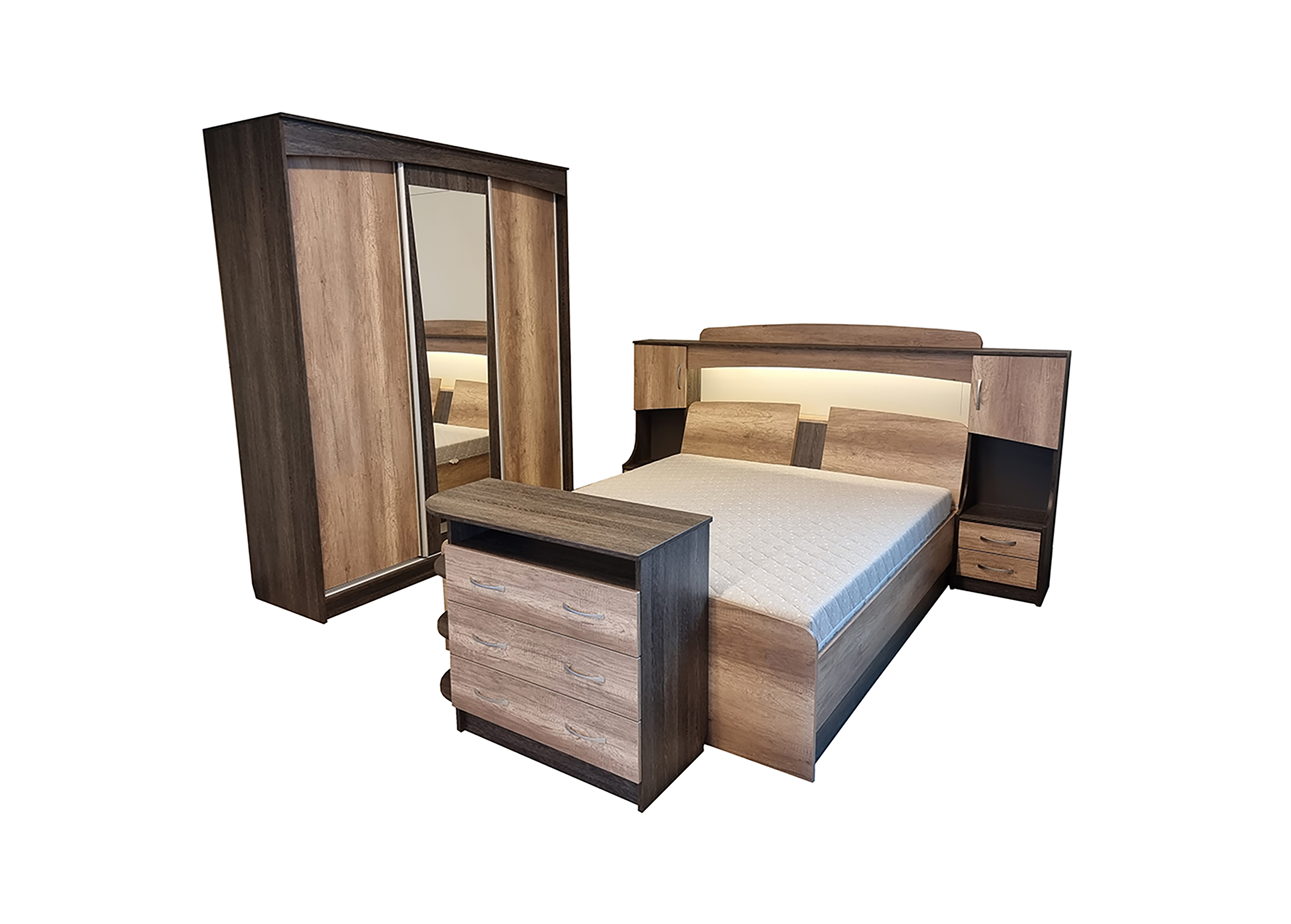 Miegamojo baldai | Dvigulė lova, komoda, spintelė, spinta - miegamojo kambario kolekcija RUNS