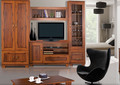 TITAS21 svetainės baldų komplektas: spinta, TV staliukas, pakabinama lentyna, vitrina, kavos staliukas