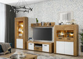 BERTA14 svetainės baldų komplektas: TV spintelė, vitrina, indauja, pakabinama lentyna