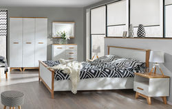 Miegamojo baldai | SVE23 miegamojo baldų komplektas. Spinta, miegamojo lova, naktinė spintelė, veidrodis