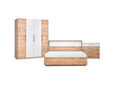 Miegamojo baldai | DOMINO, GBF Miegamojo baldų kolekcija: komoda su stalčiais, komoda su durelėmis, spinta, kampinė spinta, spintelė, miegamojo lova