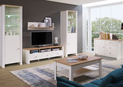 BRUNO21 svetainės baldų kolekcija: komoda, TV staliukas, kavos staliukas, spinta, spintelė, lentyna