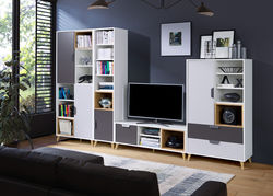 JORIS22 svetainės baldų komplektas: spinta, lentyna, spintelė, TV staliukas