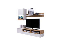 ROKAS svetainės baldų komplektas: TV staliukas, spintelė, komoda, lentyna, balta matinė, auksinis ąžuolas