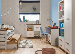 Vaiko kambario baldai | AN15 vaikų, jaunuolio kambario baldų kolekcija: komoda, spinta, lova, lentyna, rašomasis stalas