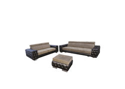 SALERNO 3+2+P minkštų baldų komplektas: dvivietė sofa su patalynės dėže, trivietė sofa - lova, pufas