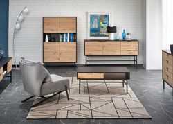 MARKAS modernaus industrinio stiliaus svetainės baldų kolekcija: komoda, TV staliukas, kavos staliukas, spintelė