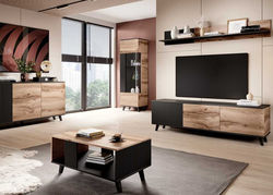 DORA modernaus stiliaus svetainės baldų kolekcija: komoda, TV staliukas, kavos staliukas, lentyna, vitrina, indauja