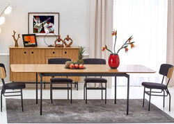 MARTA modernaus industrinio stiliaus svetainės baldų kolekcija: konsolė, pietų stalas, kėdė, komoda, TV staliukas