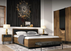 Miegamojo baldai | PRS20 miegamojo kambario baldų komplektas: dvigulė miegamojo lova, naktinė spintelė, spintelė prie lovos, spinta
