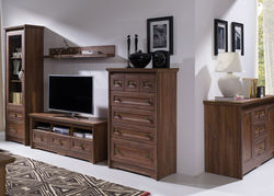 PORTAS20 svetainės baldų komplektas: vitrina, komoda, TV spintelė, pakabinama lentyna