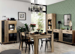 ARONAS svetainės baldų kolekcija: komoda, vitrina, kavos staliukas, spinta, lentyna, pietų stalas