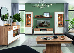 SAMBA svetainės baldų kolekcija: komoda, vitrina, indauja, spinta, TV staliukas, lentyna