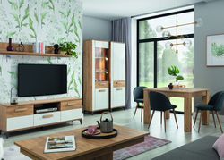 SAMBA svetainės baldų kolekcija: komoda, vitrina, indauja, spinta, TV staliukas, lentyna