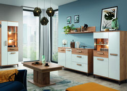 SAMBA16 svetainės baldų komplektas: vitrina, komoda, kavos staliukas, pakabinama lentyna