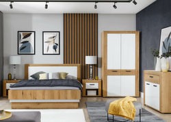 BERTA17 miegamojo baldų komplektas: spinta, komoda, dvigulė lova, naktinė spintelė su stalčiumi