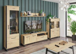 TONIS svetainės baldų kolekcija: komoda, TV staliukas, spinta, vitrina, kavos staliukas