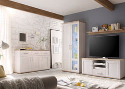 RIVOLIS19 svetainės baldų komplektas: vitrina, komoda, TV spintelė, pakabinama lentyna
