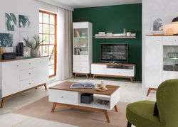 HANA13 svetainės baldų komplektas: komoda, vitrina, indauja, staliukas, spintelė, lentyna
