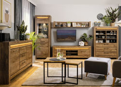 TIAGO svetainės baldų kolekcija: komoda, vitrina, indauja, spinta, spintelė, kavos staliukas, lentyna