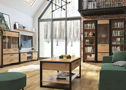 DŽIUGAS15 modernių svetainės baldų komplektas: vitrina, indauja, lentyna, TV spintelė, kavos staliukas