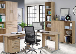 BERGAMAS10 biuro, darbo kambario baldų komplektas: spinta, spintelė, lentyna, stalas