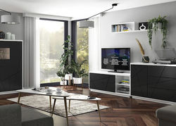 FINAS BALTA/JUODA modernūs svetainės baldai: komoda, spintelė, spinta, lentyna, staliukas, vitrina, indauja