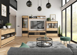 PAOLO modernių korpusinių svetainės baldų kolekcija: komoda, spintelė, vitrina, spinta, TV staliukas, lentyna