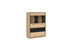 PAOLO18 modernių svetainės baldų komplektas: vitrina, spintelė, komoda, pakabinama lentyna