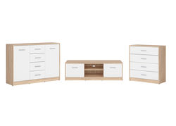 PALERMAS SONOMA/BALTA modernūs korpusiniai baldai: komoda, spintelė, spinta, TV staliukas, lentyna