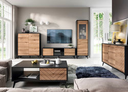 DEIMENA modernių baldų kolekcija: komoda, vitrina, indauja, TV spintelė, kavos staliukas