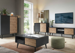 VIVIAN7 modernių svetainės baldų komplektas: komoda, TV staliukas, spintelė, kavos staliukas