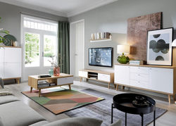 PARMO skandinaviško stiliaus svetainės baldų kolekcija: komoda, spintelė, staliukas, vitrina