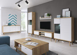 PARMO15 svetainės baldų komplektas: komoda, vitrina, TV spintelė, kavos staliukas, lentyna