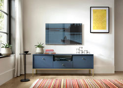 MĖJA1 MĖLYNA/AUKSINĖ modernaus stiliaus TV staliukas, spintelė svetainei, valgomojo kambariui