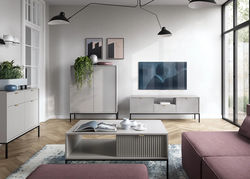 NEILAS9 PILKA/JUODA modernių svetainės baldų komplektas: komoda, spintelė, kavos staliukas, TV spintelė