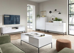 NEILAS10 BALTA/JUODA modernių svetainės baldų komplektas: komoda, spintelė, TV spintelė, kavos staliukas