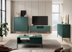 NEILAS8 ŽALIA/JUODA modernių svetainės baldų komplektas: komoda, spintelė, TV staliukas, kavos staliukas