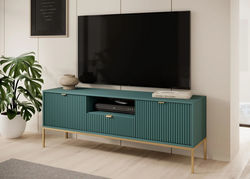 NEILAS1 ŽALIA/AUKSINĖ modernaus stiliaus TV staliukas, spintelė svetainei, valgomajam, su stalčiumi ir durelėmis